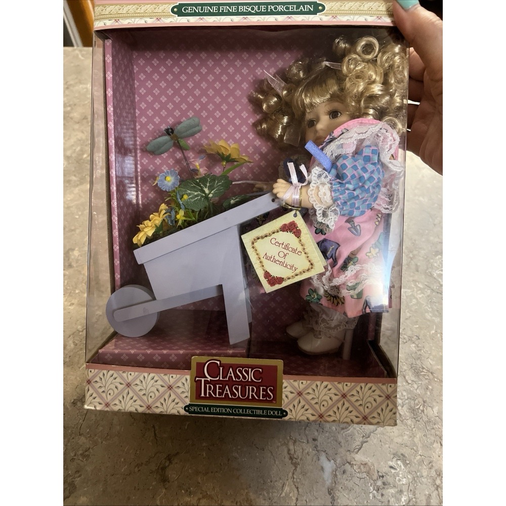 Special Edition Collectible Doll Bisque Porcelain Doll Blonde Bench Flowers